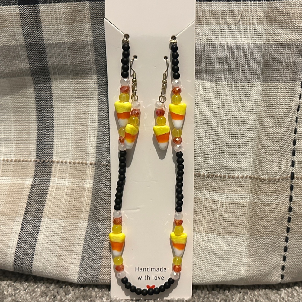 Colorful Candy Corn Beaded Necklace and Earring Set 16”